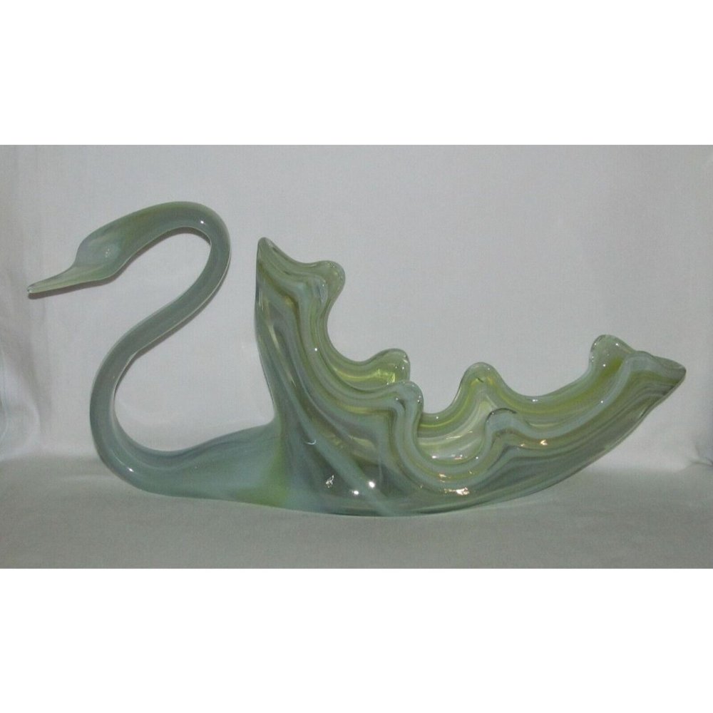 Sooner Glass Co. MCM Marbleized Green Opal and Clear Large Elongated Glass Swan